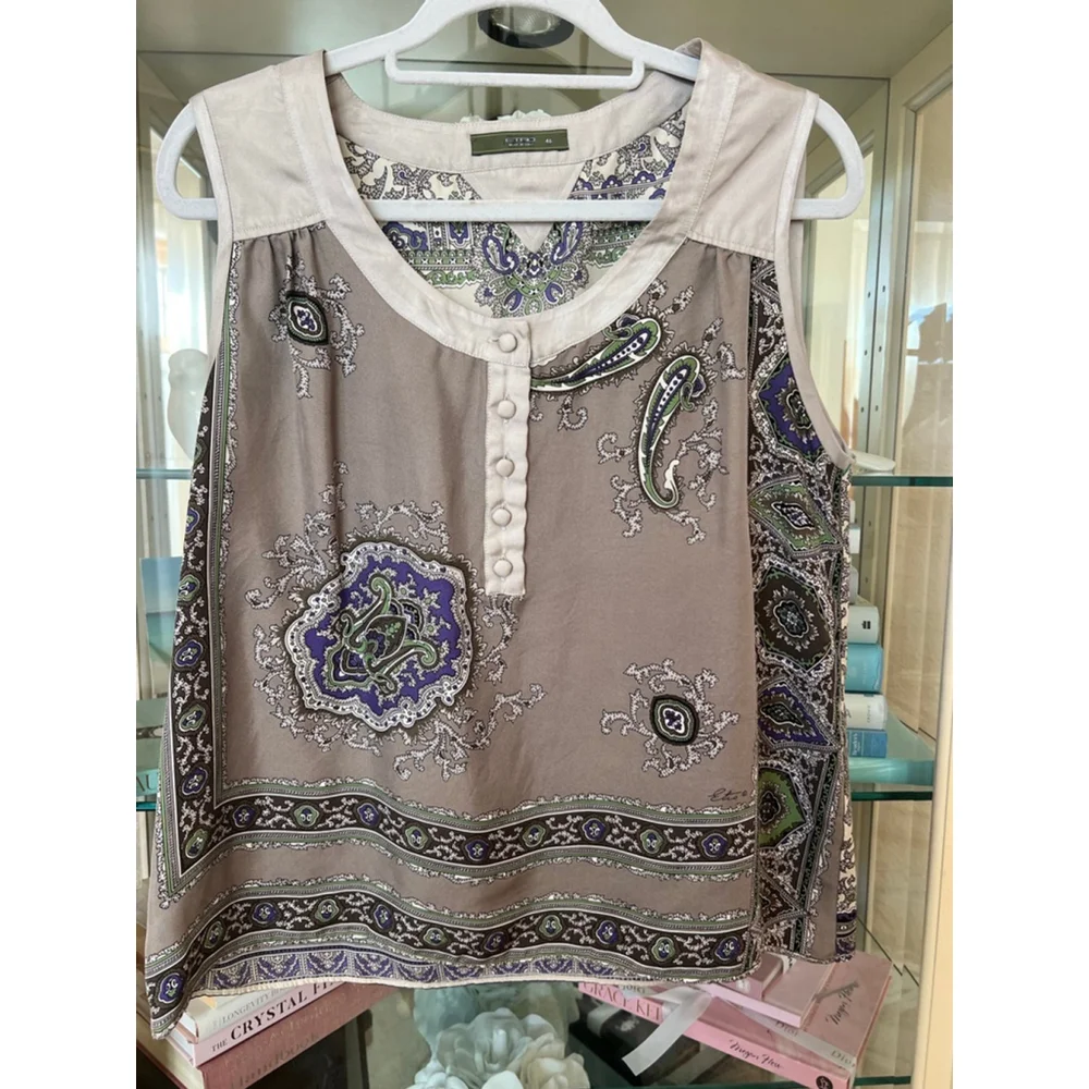 Women's Etro Paisley Silk Blend Tank Top Size 10 Gray Beige Purple - Picture 2 of 5